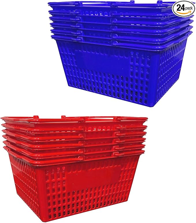 Stackable Plastic Shopping Baskets, Red and Blue, Easy-Grip Handles for Grocery, Retail, Liquor Stores, Home Use (12-pack, Red & Blue Assorted)