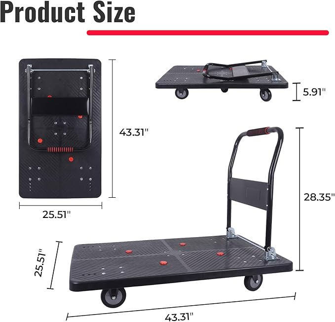 1320lbs Foldable Platform Truck Dolly with Swivel Wheels, Heavy Duty Moving Platform Hand Truck, Moving Flatbed Cart Push Cart Platform Dolly Cart for Groceries, Warehouse(43.31" x 25.51" Black)