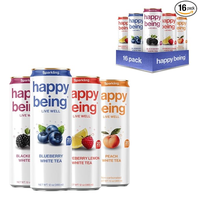 Happy Being Sparkling Nutrient-Rich Sampler Pack White Tea – Infused with Turmeric, Elderberry, Vitamin D3, Caffeine Free, Plant-Based, Low Calorie & Low Sugar Drinks, 12oz (16 Pack)