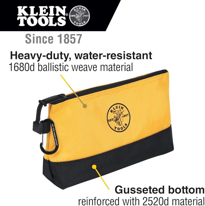Klein Tools 55569 Stand-Up Zipper Bag Tool Pouch with Carabiners, Reinforced Gusseted Bottoms, Water Resistant 1680d, Multi-Size 5-Pack