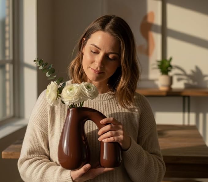 Brown Ceramic Decorative Pitcher Vase, 7.5 in – Glossy Sculptural Arch-Handle, Warm Earth-Tone Home Décor for Fresh or Dried Floral Arrangements, Table/Shelf/Entryway, Giftable