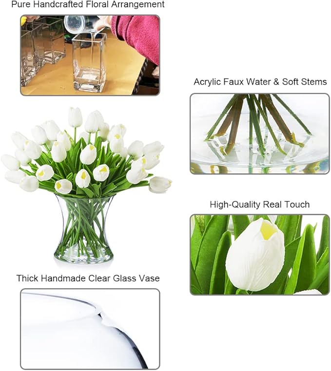 ENOVA FLORAL 40 Heads White Artificial Tulips With Vase, Real Touch Fake Flowers, Floral Arrangement for Dining Table, Home Decoration, Wedding Centerpieces