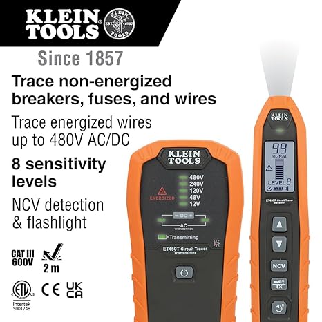 Klein Tools ET450 Advanced Underground Circuit Breaker Finder and Wire Tracer Kit for Energized and Non-Energized Breakers, Fuses, and Wires