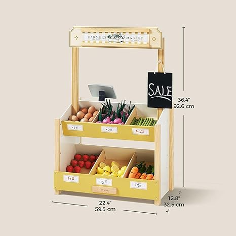 Tiny Land Wooden Play Store – Pretend Farmers Market & Coffee Shop with Cash Register, DIY Price Tags, Chalkboard, Pretend Grocery Store Role Play Toy for Toddlers