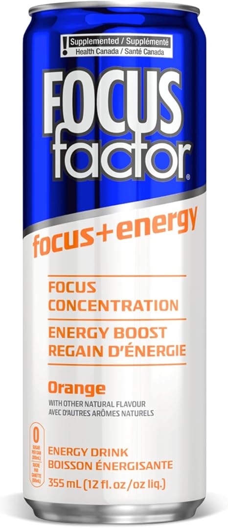 Focus Factor Energy Drink - 12 x 355ml Cans (Orange Flavour) - with Focus + Energy - Lightly Carbonated, Sugar Free, Low Calorie with Vitamin B6 & Vitamin B12