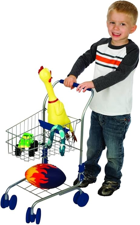 Toysmith Miniature Grocery Shopping Cart – Metal Pretend Trolley for Kids Ages 3+ – Realistic Toy with Sturdy Wheels, Folding Design & Storage – Toddler Role Play Supermarket Accessory, Blue