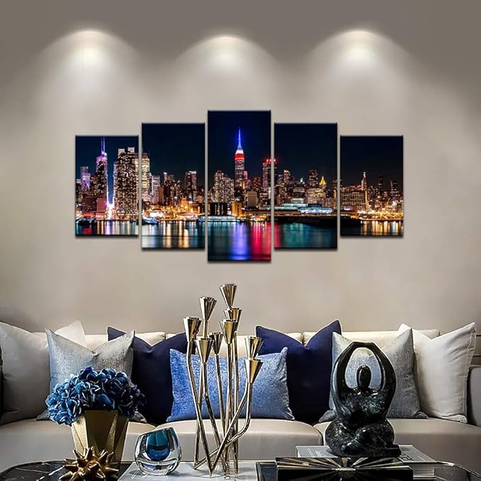 Biuteawal - New York City Canvas Wall Art Manhattan Skyline at Night Picture Prints Modern Home Office Wall Decoration Stretched Ready to Hang