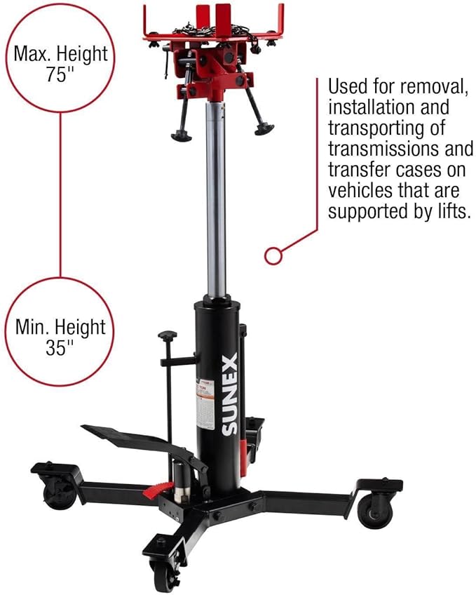 Sunex Tools 7793B 1,000 lb Telescopic Transmission Jack, Hydraulic, Foot Pump Operated, Tilt Saddle with Chain Tie-Down, 74.2 in Max Height