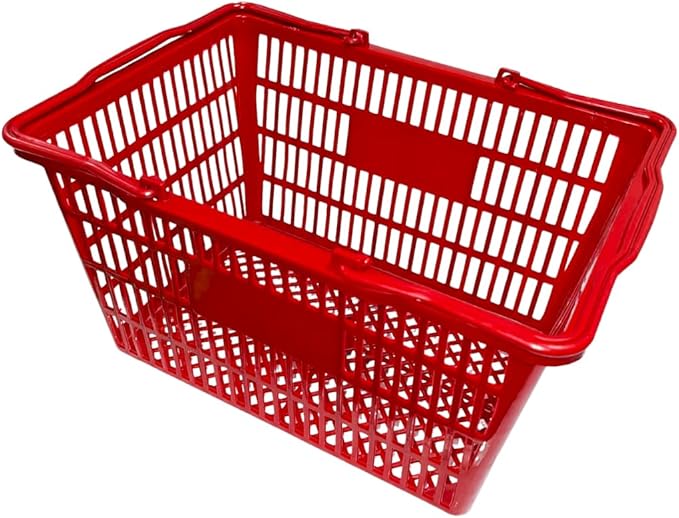 Stackable Plastic Shopping Baskets, Red and Blue, Easy-Grip Handles for Grocery, Retail, Liquor Stores, Home Use (12-pack, Red & Blue Assorted)