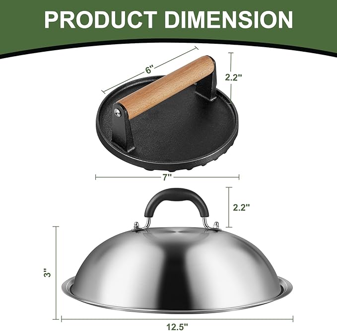 Griddle Accessories for Blackstone, Commercial Grade 12 Inch Heavy Duty Round Melting Dome with 7" Round Cast Iron Grill Burger Bacon Press, Perfect for Blackstone Camp Chef Flat Top Griddle Grill