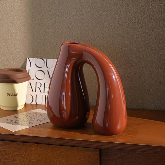 Brown Ceramic Decorative Pitcher Vase, 7.5 in – Glossy Sculptural Arch-Handle, Warm Earth-Tone Home Décor for Fresh or Dried Floral Arrangements, Table/Shelf/Entryway, Giftable