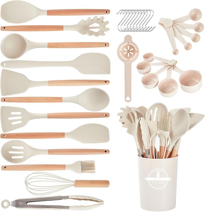 Kitchen Utensils Set - 34 PCS Non-Stick Silicone Cooking Utensils Set with Wooden Handle,Kitchen Gadgets Tools Set for Nonstick Cookware (Cream White-34P)