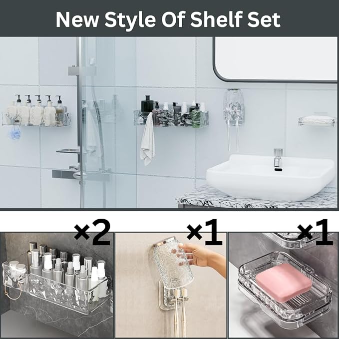 Acrylic Shower Shelves with Soap Dish & Toothbrush Holder, Clear Shower Caddy, Adhesive Bathroom Organizer Wall Mount, No Drill Installation 4 Pack
