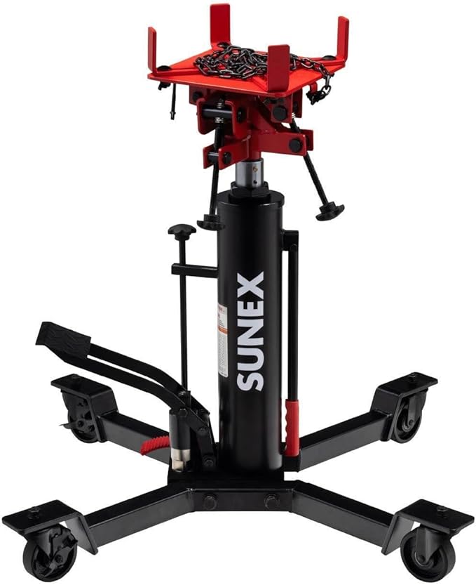 Sunex Tools 7793B 1,000 lb Telescopic Transmission Jack, Hydraulic, Foot Pump Operated, Tilt Saddle with Chain Tie-Down, 74.2 in Max Height