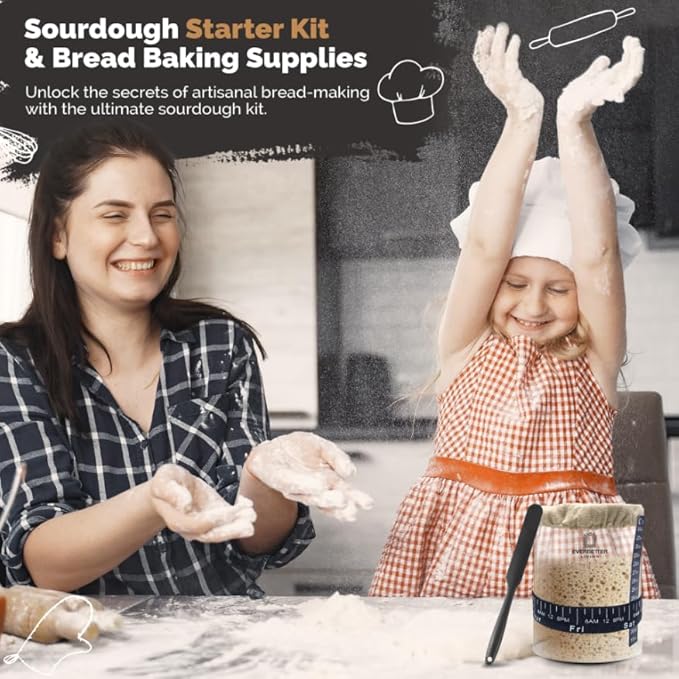 Sourdough Starter Jar Kit – 50 oz Fermentation Jar with Thermometer, Feeding Band, Lid & Tools – Ideal for Bread Starter Kits & Sourdough Accessories – Complements Banneton Set