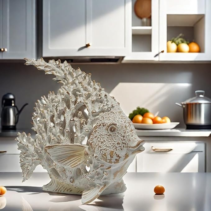 VVGIFTS Beach Coastal Decor Coral Reef Angelfish Home Office Desk Decor Sculpture Statue for Tabletop Shelf Bathroom Decoration Ornament Gift (White)