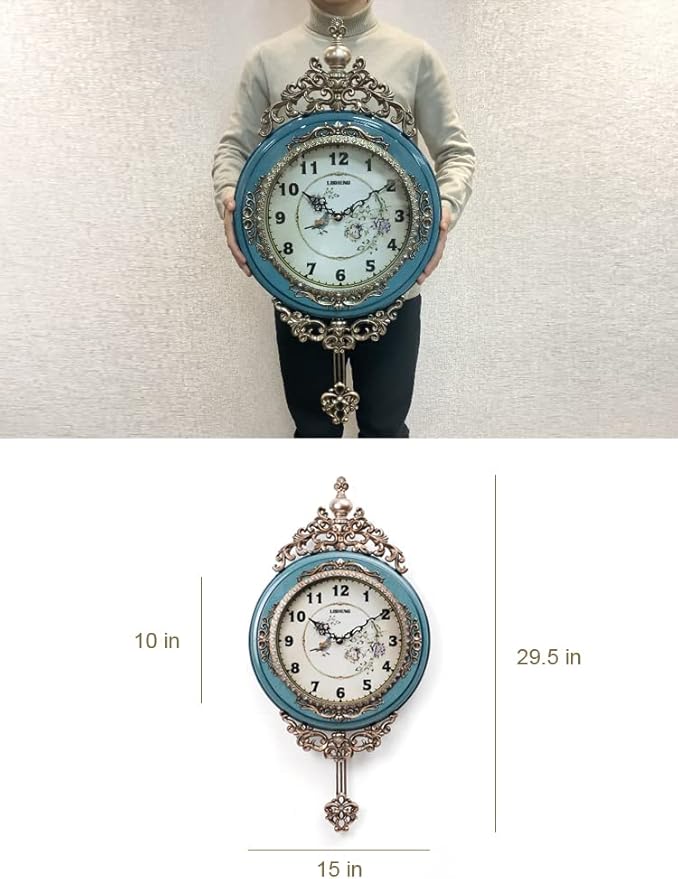 SHISEDECO Elegant, Traditional, Decorative, Hand Painted Modern Grandfather Wall Clock Fancy Ethnic Luxury Handmade Decoration, Swinging Pendulum for New Room or Office. Large. 29.5 Inch. (Blue)