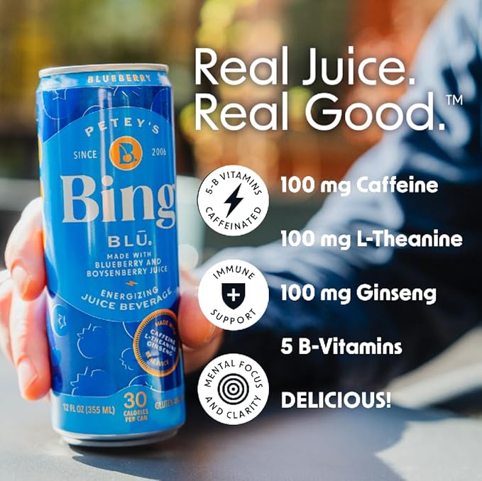 BING BLUEBERRY Energizing Juice Beverage – (12oz/24pk) – Made with REAL Juice! Only 2g added Sugar, Low Calorie; L-Theanine, 5 B-Vitamins & Ginseng; 125 mg Caffeine; Vegan, Gluten + Dairy Free. DELICIOUS