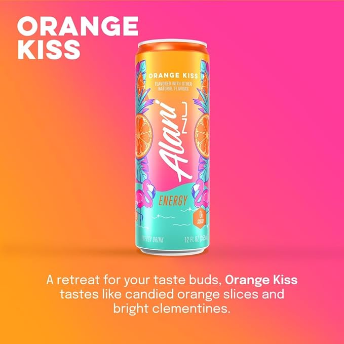 Alani Nu ORANGE KISS Ice Sugar Free, Low Calorie Energy Drinks | 200mg Caffeine | Antioxidants | Biotin, B Vitamins | Zero Sugar | 15 Calories or Less | 12 Oz Cans | 24 Count