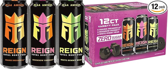 REIGN Total Body Fuel Variety Pack, Reign Orange Dreamsicle, Reign Reignbow Sherbet, Reign White Gummy Bear, Fitness & Performance Drink, 16 Fl Oz (Pack of 12)