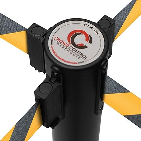 Crowd Control Warehouse CCW Series RBB-100 - Set of 2 Stanchions with Retractable Belts - 11 Foot Black/Yellow Belt, Black Post - Crowd Control Barriers