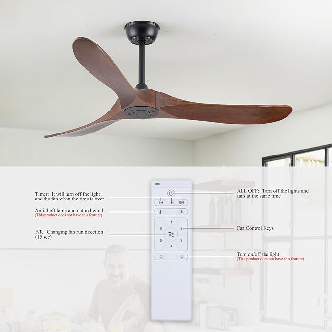 52 Inch Ceiling Fan with Remote Control, Solid Wood, 6-Speed DC Motor, 3 Reversible Walnut Wooden Blades, 1/4/8 Hour Timer, Quiet & Energy Efficient for Indoor/Outdoor Use