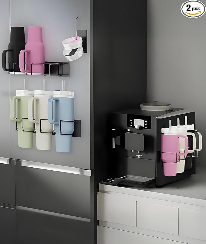 Magnetic Cup Holder for Tumblers - Heavy Duty Fridge Organizer with Non-Slip Base, Fits 30oz/40oz Cups, Space Saving Kitchen Accessory (Black)