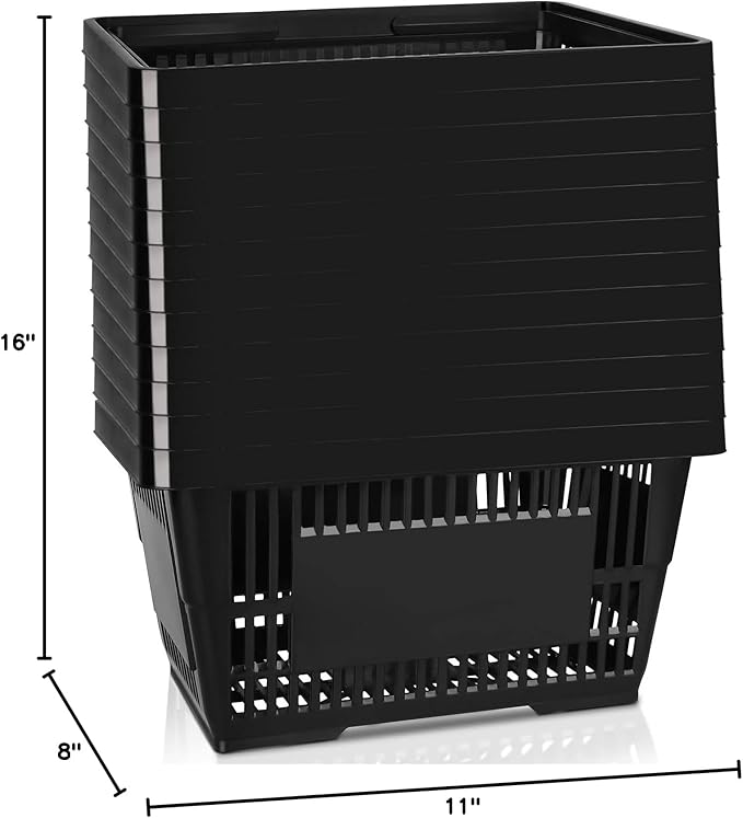 12PCS Shopping Baskets with Handles, 21L Durable Plastic Shopping Cart, Portable Grocery Basket for Supermarket Retail Shop Book Store Laundry, Black