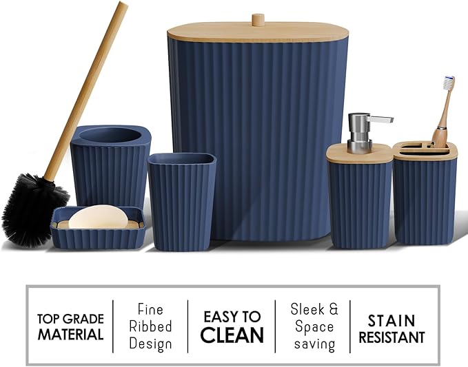 Clara Clark Bathroom Set - Navy Blue Bathroom Accessories Set, 6PC Bathroom Accessory Set, Bathroom Sets with Toilet Brush, Trash Can & Soap Dispenser
