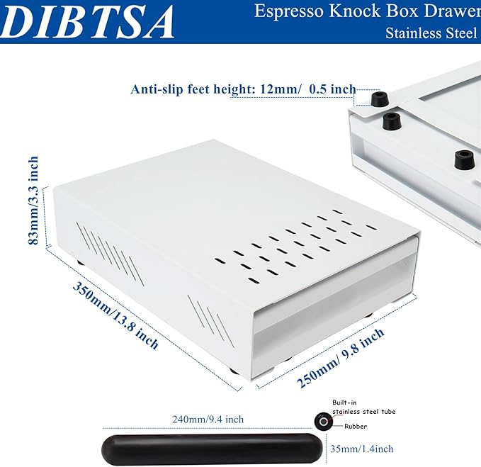 Espresso Knock Box Drawer, Stainless Steel High Bearing Capacity Coffee Knockbox For Home and Commercial Use, Middle Size 13.77 x 9.84 x 3.54 inch (White)