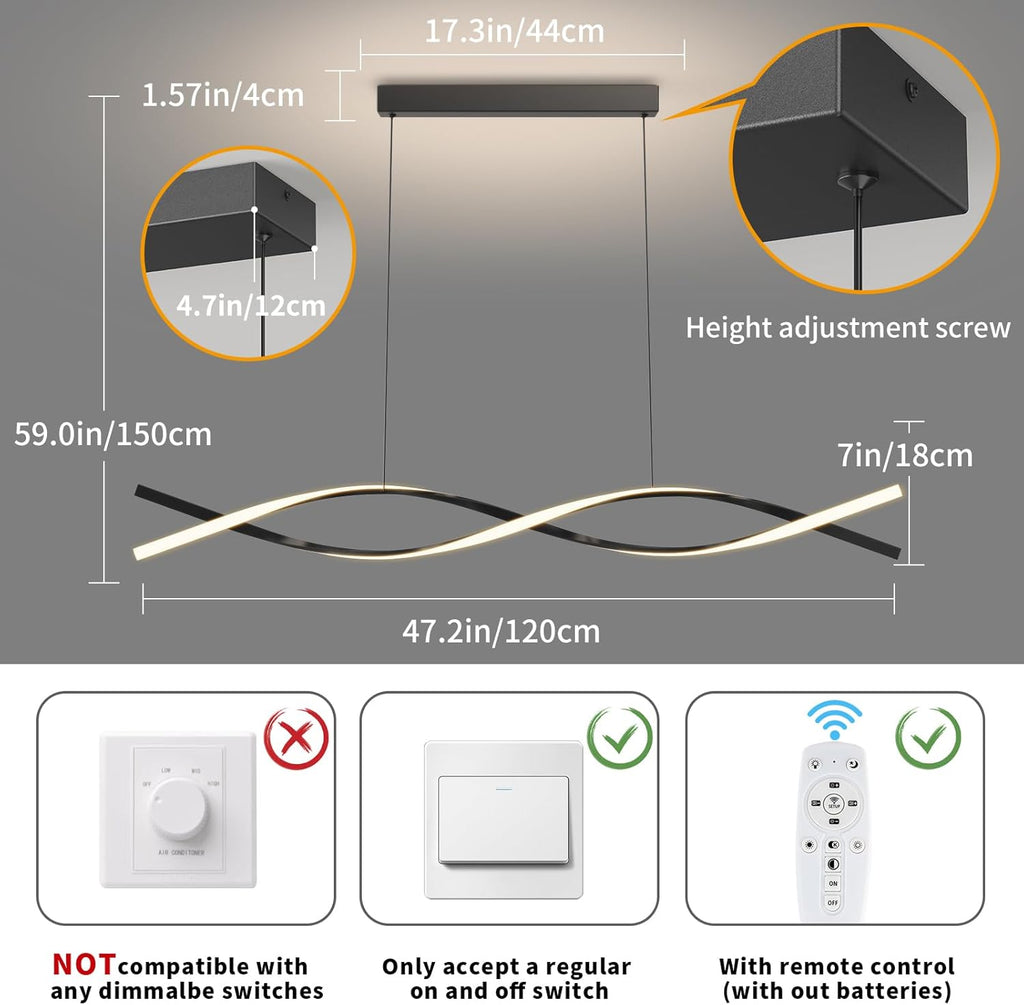 Modern LED Pendant Lights, 47in Chandelier Dimmable with Remote Control 3000k-6000K Adjustable Color Temperature, Aluminum Island Lighting Lamp Fixture for Kitchen, Dining Room, Billiard Room
