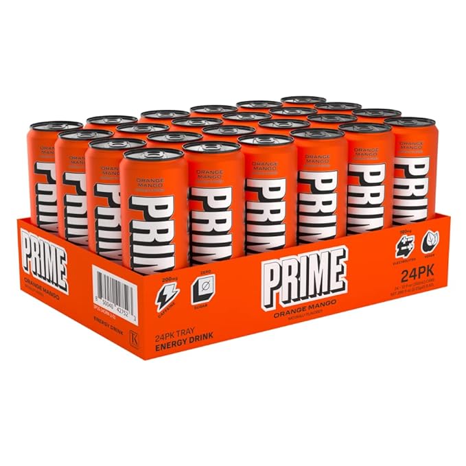 PRIME Energy ORANGE MANGO | Zero Sugar Energy Drink | Preworkout Energy | 200mg Caffeine with 355mg of Electrolytes and Coconut Water for Hydration| Vegan | Gluten Free |12 Fluid Ounce | 24 Pack