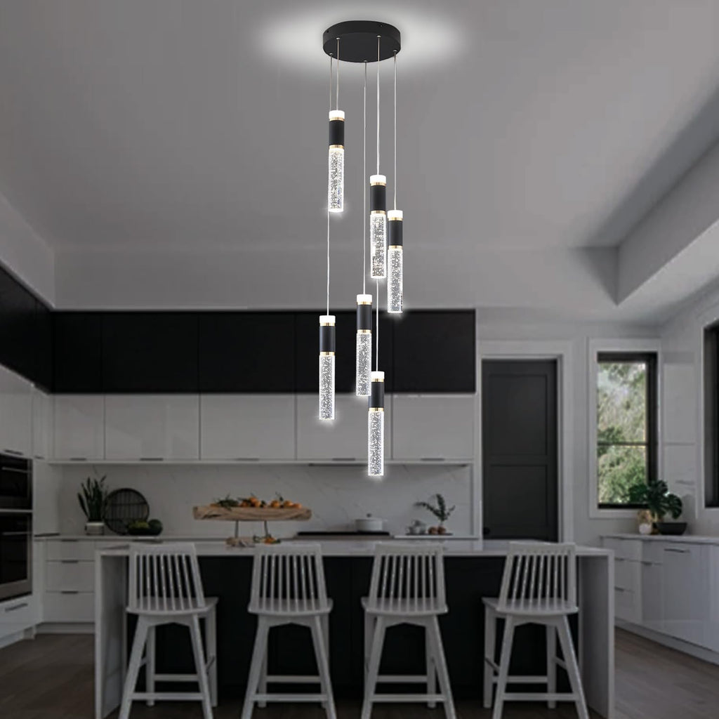 6-Lights Led Chandelier, Black and Gold Crystal Modern Led Chandelier for Dining Room, Luxury Dimmable Enterway Led Pendant Lights Fixture with Remote Control Flush Mount