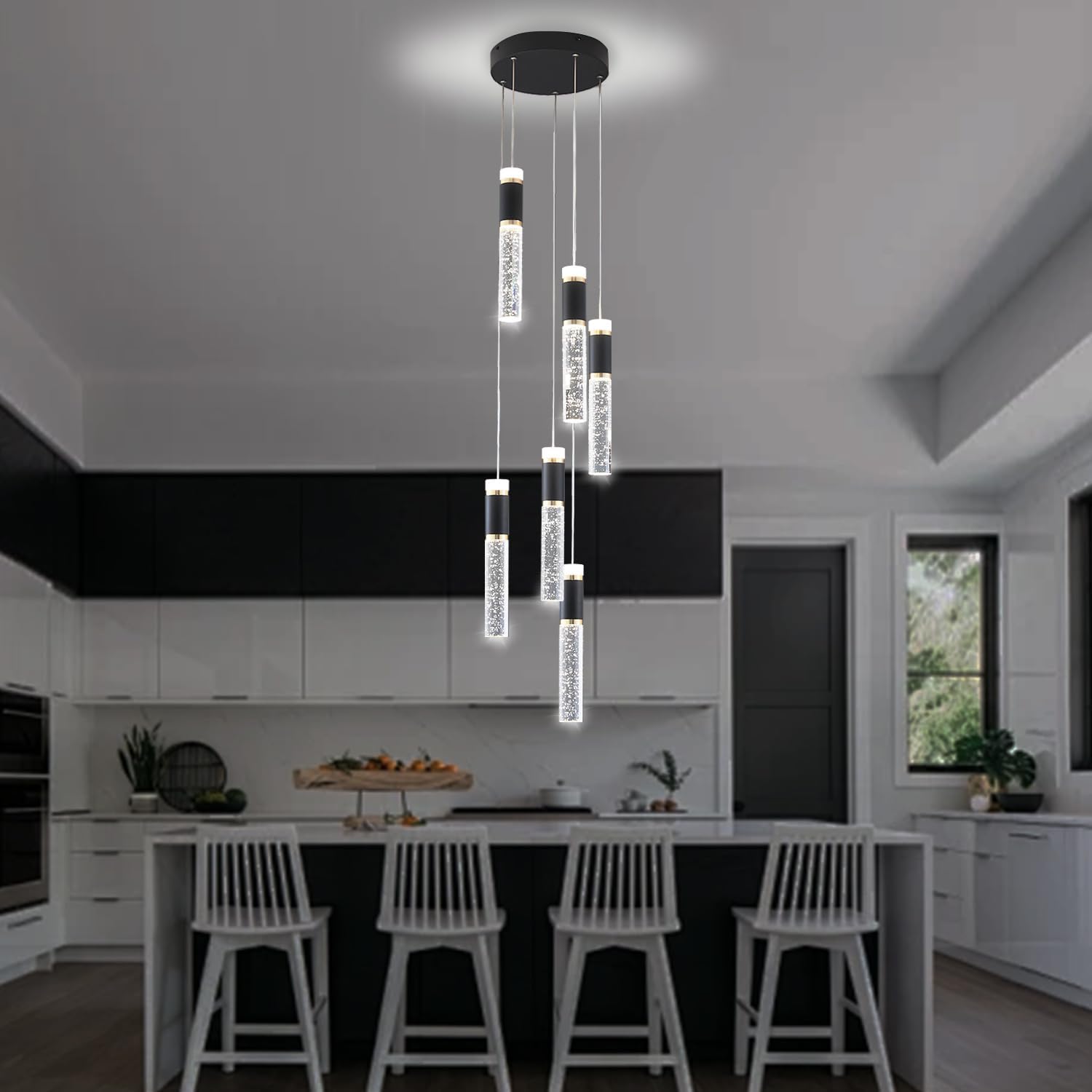 6-Lights Led Chandelier, Black and Gold Crystal Modern Led Chandelier for Dining Room, Luxury Dimmable Enterway Led Pendant Lights Fixture with Remote Control Flush Mount