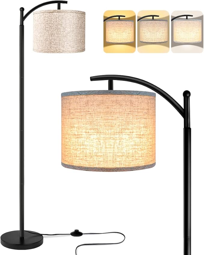 ROTTOGOON Floor Lamp for Living Room with 3 Color Temperatures LED Bulb, Standing Lamp Tall Industrial Floor Lamp Reading for Bedroom, Office (9W LED Bulb, Beige Lampshade Included) -Black