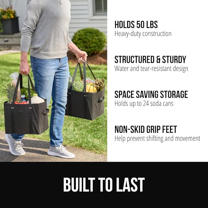 GORILLA GRIP Heavy Duty Foldable Reusable Grocery Bags, 3 Pack, Tear Resistant Box Shape Shopping Tote with Reinforced Handles, Grip Feet, Easily Carry and Transport Groceries, 13x10x11, Black