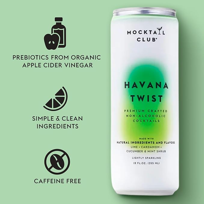 Mocktail Club Havana Twist Non-Alcoholic Sparkling Craft Cocktail - 12x12 Oz Cans | 80 Calories, Non-GMO, No Artificial Ingredients, Gluten Free, Vegan | Lime, Cucumber & Mint Shrub with Cardamom