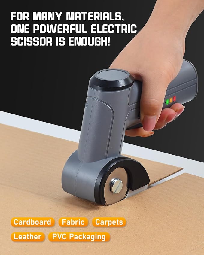 Cordless Electric Shears 4V - Power Scissors for Cardboard, Fabric, Leather, PVC - Rechargeable with Safety Lock & Battery Indicator - 2 Blades, Fast Charging, Ergonomic Grip