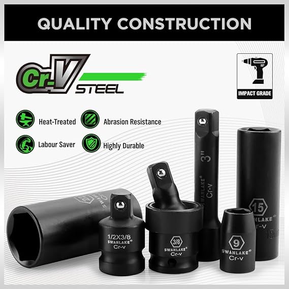 SWANLAKE GARDEN TOOLS 3/8'' Drive Impact Socket Set, 50-Piece Standard SAE (5/16 to 3/4 inch) and Metric (8-22mm) Size, 6 Point, Cr-V, 3/8-Inch Ratchet Handle, Extension Bar, Universal Joint