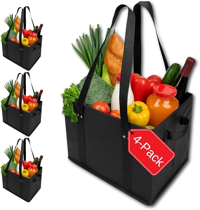 BAG-THAT! 4pk Reusable Grocery Bags Shopping Bags Tote Box Large Heavy Duty Groceries Bag Handles Foldable Reinforced Bottom (Black)