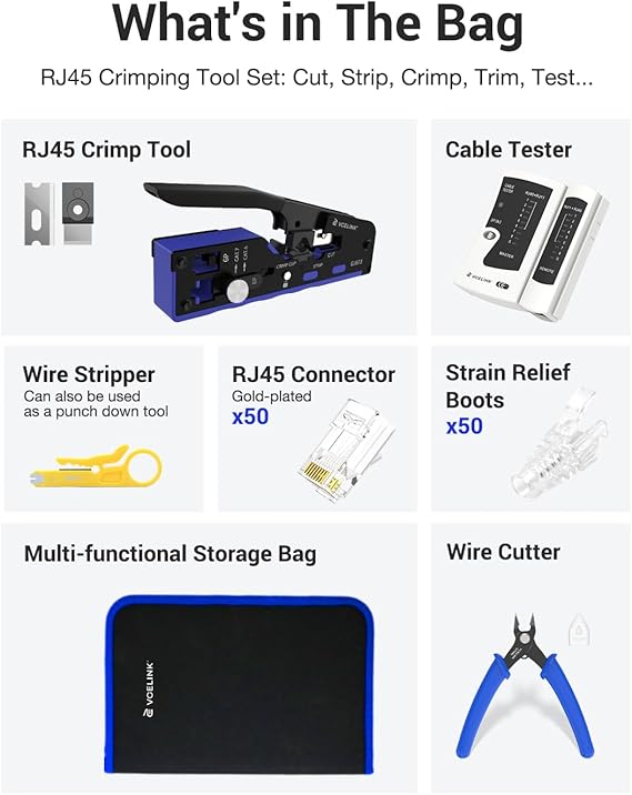 VCELINK Ethernet Crimping Tool Kit 105-in-1 for CAT7/CAT6A/CAT6/CAT5E/CAT5, RJ45 Crimp Tool Set with an Ethernet Crimper, Cable Tester, Wire Stripper and Cutter in a Cloth Bag