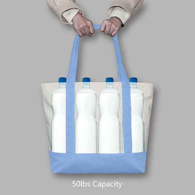 TOPDesign 6-Pack Canvas Tote Bags with an External Pocket, Reusable Grocery Shopping Bags, Top Zipper Closure, Daily Essentials (Light Blue/Natural)