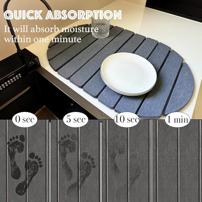 Large Stone Dish Drying Mat for Kitchen Counter Eco - Friendly Absorbent Diatomaceous Earth Bath Mat Quick Dry for Kitchen Dishes Bottles Cups Bathroom Any Countertop (Dark Grey24"×16"Oval)