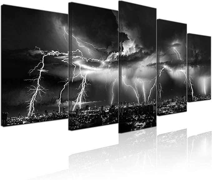 Biuteawal - Black and White Wall Art Nature Lightning Strikes in The Clouds Painting on Canvas Storm and City Night View Picture Print for Home Office Living Room Decoration Wall Decor