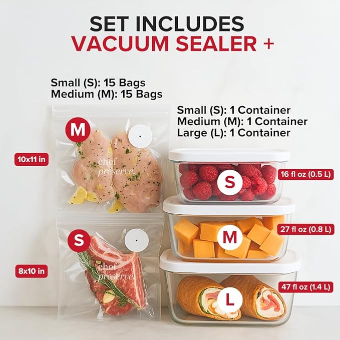 Chef Preserve Vacuum Sealer Machine with 3 Glass Containers & 30 Reusable Bags – Compact Handheld Food Saver, Portable Kitchen Vacuum Sealing System for Meal Prep, Food Storage & Freshness