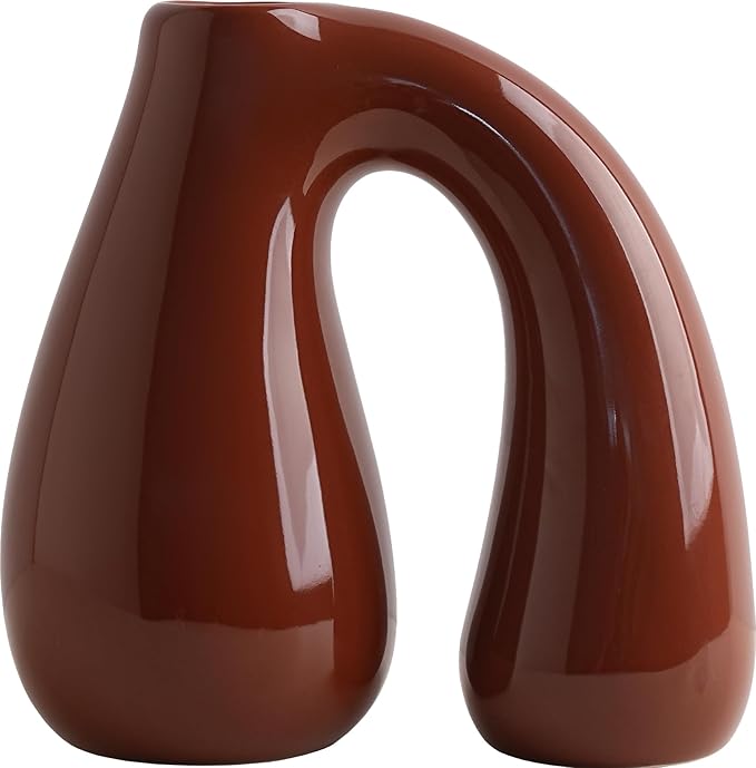 Brown Ceramic Decorative Pitcher Vase, 7.5 in – Glossy Sculptural Arch-Handle, Warm Earth-Tone Home Décor for Fresh or Dried Floral Arrangements, Table/Shelf/Entryway, Giftable