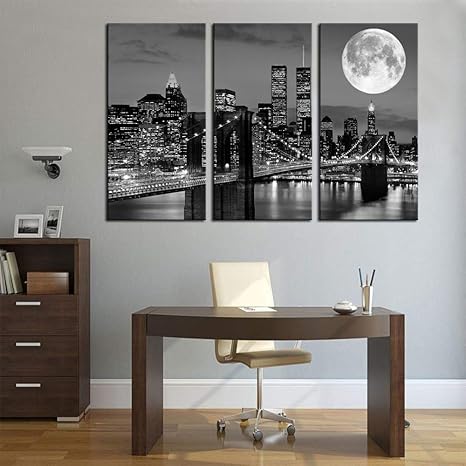 Biuteawal New York Skyline Wall Art Brooklyn Bridge Moon Night View Picture Canvas Print Black and White City Artwork Painting Modern Home Office Living Room Decoration