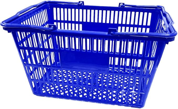 Stackable Plastic Shopping Baskets, Red and Blue, Easy-Grip Handles for Grocery, Retail, Liquor Stores, Home Use (12-pack, Red & Blue Assorted)