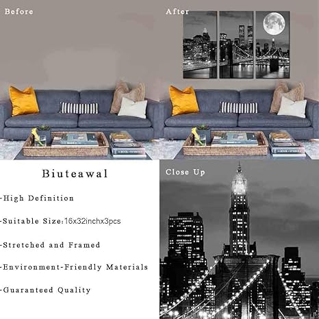 Biuteawal New York Skyline Wall Art Brooklyn Bridge Moon Night View Picture Canvas Print Black and White City Artwork Painting Modern Home Office Living Room Decoration