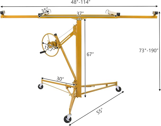 Winado 16 FT Drywall Lift Panel Rolling Hoist Jack Lifter Sheetrock, Drywall Lifting Construction Tools Caster Wheel with Adjustable Telescopic Arm, Yellow